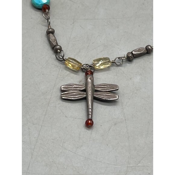 Costume jewelry necklace dragonfly turquoise color chain beaded floral 19" READ - Picture 3 of 6